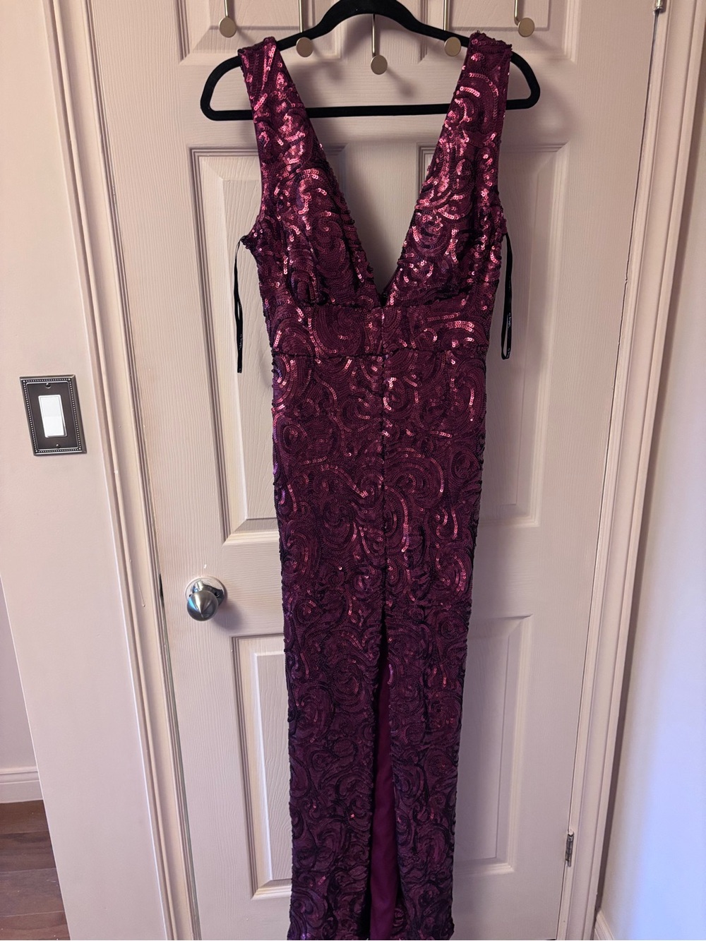 the clothing company Deep Wine Sequin Maxi Dress with Plunging V-Neck